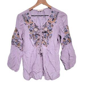 Solitaire Blue Embroidered Boho Lace Up Top Size Large